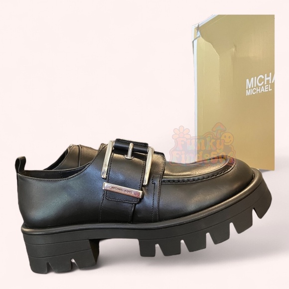 NWT Michael Kors Colby Leather Platform Black Chic Edgy Retro Loafers Size 8.5 - Picture 7 of 11